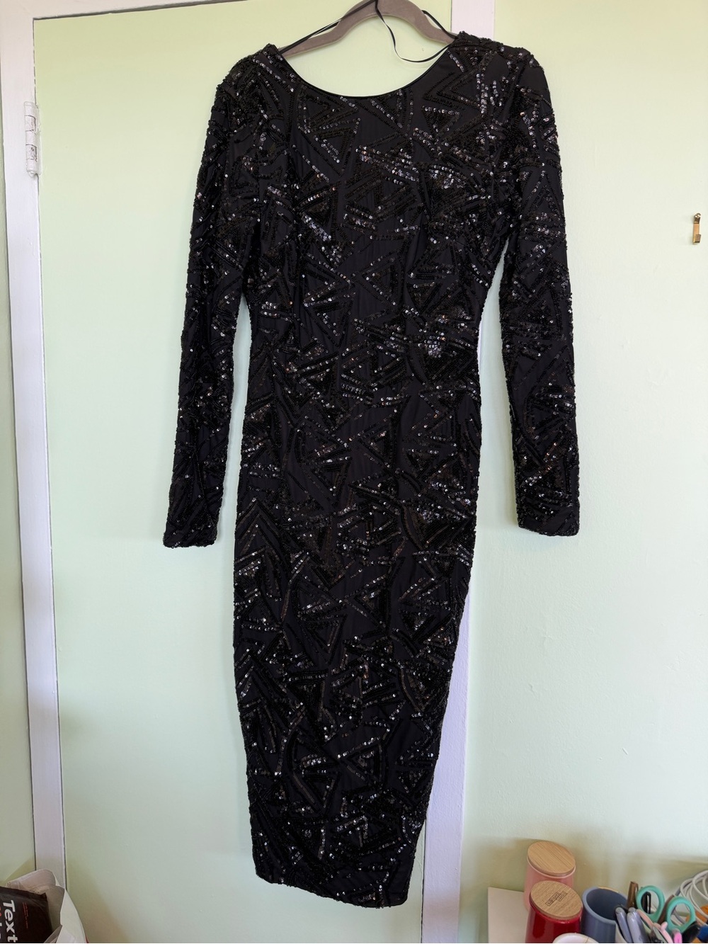 Dress The Population Black Sequin Long-Sleeve Stretch Dress Midi sz Medium